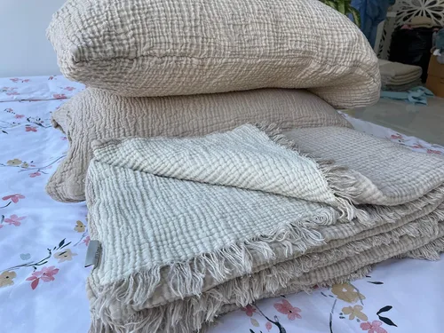 Miniatura 6 de Manta de muselina 100% algodón, colcha de 4 capas, suave muselina de algodón turco, colcha reversible, beige (tamaño King 95 x 102 – 90.6 x 102.4 in)