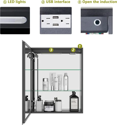 Miniatura 7 de Botiquín de baño con espejo, armario de baño LED de 20 x 26 pulgadas montado en la pared, espejo de tocador de baño con botón táctil, espejo