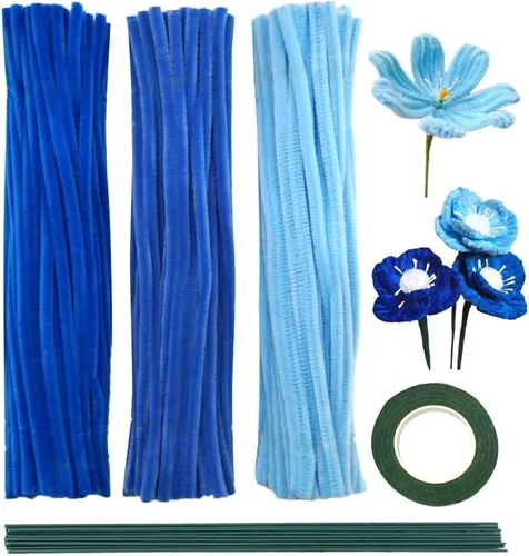 Miniatura 9 de URSDIART 311 piezas de limpiapipas azules para manualidades - Kit de fabricación de flores de tallos de felpilla, alambre grueso y esponjoso