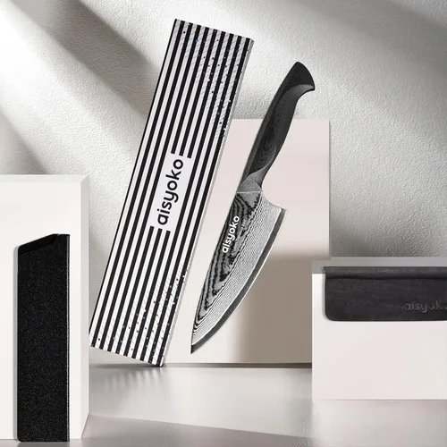 Miniatura 9 de aisyoko Damasco - Cuchillo de chef de 6.5 pulgadas, cuchillo de cocina afilado Japón VG-10, acero inoxidable al carbono, ultra afilado, mango