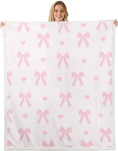 Manta de franela rosa con lazo, estilo princesa, manta de forro polar de ensueño para decoración del hogar, sofá, sofá, manta romántica de forro