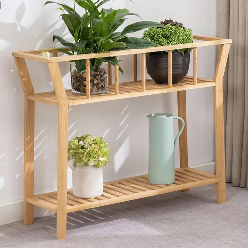 Nnewvante Soporte de bambú para plantas de interior de 37.4 x 11 pulgadas, 2 niveles de alto, estante organizador de macetas, mesa de entrada para