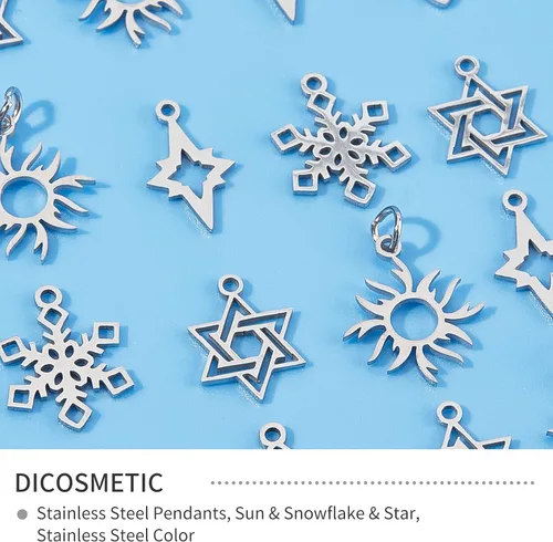 Miniatura 4 de DICOSMETIC 24 dijes de copos de nieve de Navidad de acero inoxidable, dijes de nieve de invierno, colgantes de vacaciones para pulseras, collares