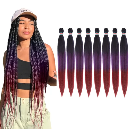 Miniatura 49 de Extensiones de cabello para trenzar verde+verde claro, preestiradas, 2 paquetes, con cabello plumoso pre-trenzado, extensiones de cabello