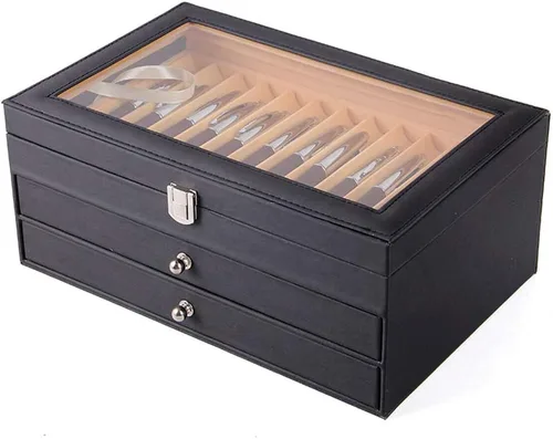 Miniatura 4 de Caja organizadora de bolígrafos de franela de cuero negro de 36 piezas, caja organizadora de bolígrafos de vidrio con tapa, vitrina de cristal
