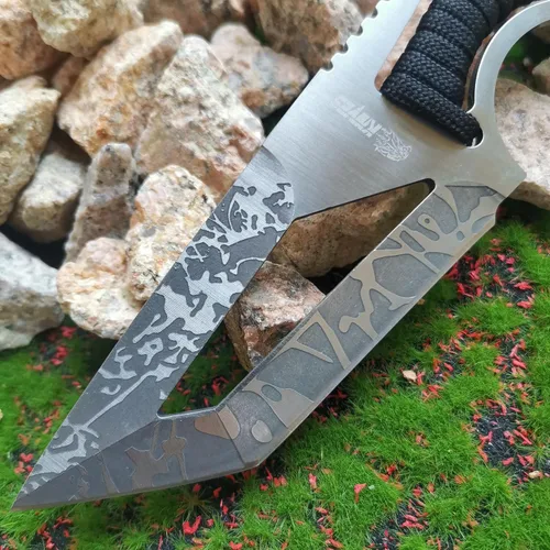 Miniatura 4 de Cuchillo de caza de hoja fija de 8.07 pulgadas con funda de nailon, cuchillo de supervivencia, cuchillo Bowie de espiga completa con mango de Negro