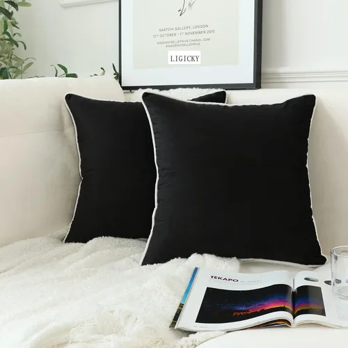 LIGICKY Juego de 2 fundas de almohada de terciopelo negro, estilo moderno y minimalista, sólidas, decorativas, de cuerda blanca, fundas de cojín