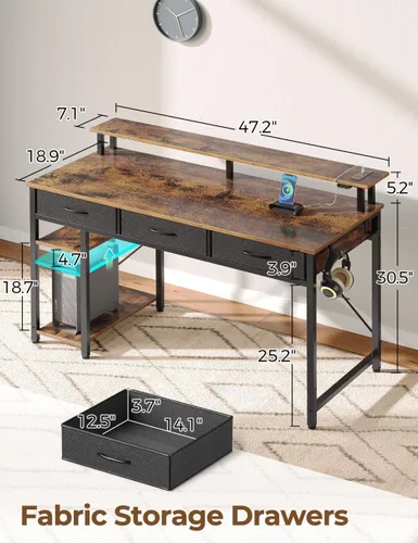 Miniatura 3 de Rolanstar Escritorio para computadora con tomas de corriente y luz LED, escritorio de oficina en casa de 47 pulgadas con 3 cajones y estantes