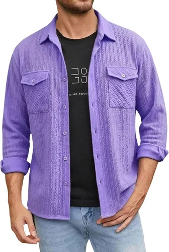 Miniatura 24 de Camisas con botones para hombre, casual, de manga larga, con cuello jacquard, texturizada, ligera, sobrecamisa, sobrecamisa