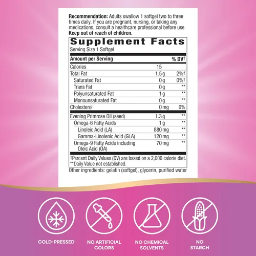 Miniatura 5 de Nature's Way Aceite de onagra, fuerza máxima, prensado en frío, sin refinar, 1300 mg con 120 mg de GLA por porción, 60 cápsulas blandas