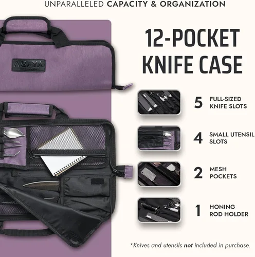 Miniatura 2 de Asaya Bolsa enrollable para cuchillos de chef, 12 bolsillos para cuchillos y utensilios de cocina, nailon ligero, duradero y resistente a las Púrpura