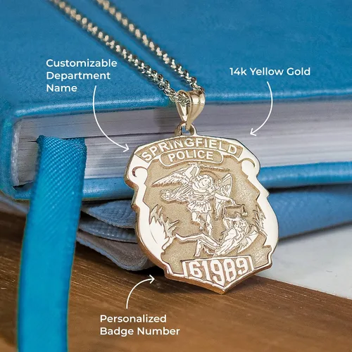 Miniatura 2 de PicturesOnGoldcom Saint Michael - Insignia de policía personalizada con número de departamento e insignia en oro amarillo sólido de 10 quilates oro