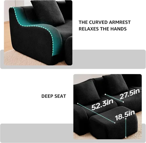 Miniatura 4 de Otomana de tela de peluche negra, moderno reposapiés modular sin hueso en una caja para sala de estar, cómodo diseño de asiento profundo,