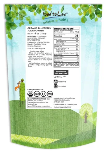 Miniatura 2 de Jugo de arándano orgánico en polvo, 4 onzas, sin OMG, sin sulfatos, crudos, veganos, a granel, ideal para jugos, batidos y bebidas instantáneas