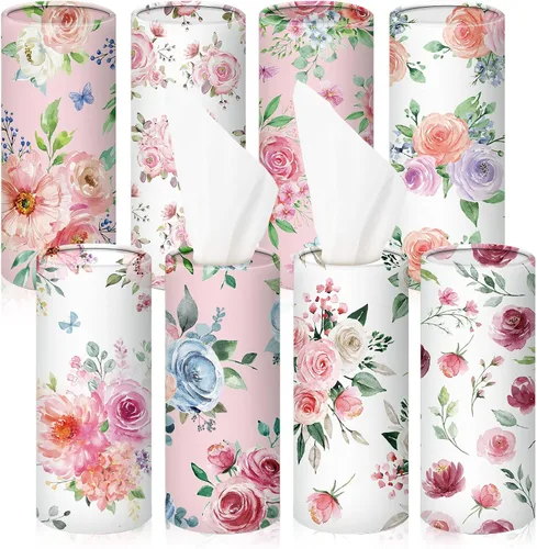 Ctosree 8 piezas de soporte de pañuelos de coche cilindro a granel redondo floral portavasos pañuelos faciales para recambio de viaje caja de