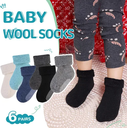 Miniatura 4 de 6 pares de calcetines antideslizantes para bebés, niños y niñas, calcetines cálidos de lana gruesa y suave con empuñaduras