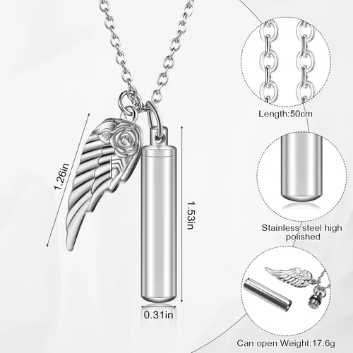 Miniatura 2 de Collar de urna para cenizas, joyería de cremación cilíndrica con dije de ala de ángel, recuerdo conmemorativo, recuerdo para mujeres y hombres