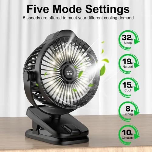Miniatura 2 de Minthouz Ventilador de clip – Ventilador pequeño recargable USB C de 8000 mAh con indicador de nivel de batería, rotación de 720° de bajo ruido