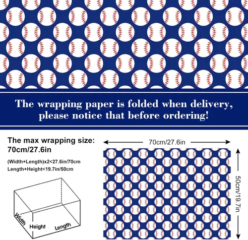 Miniatura 2 de AnyDesign 12 hojas de papel de regalo de béisbol, no enrolladas, papel de regalo deportivo, papel de regalo deportivo, plegado a granel, papel plano
