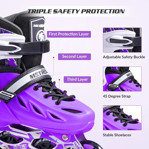 Miniatura 3 de METROLLER Patines en línea para niñas y niños, mujeres, hombres, 4 tallas ajustables, patines en línea con ruedas que se iluminan, patines Púrpura