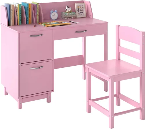 Miniatura 10 de Costzon Juego de escritorio y silla para niños, escritorio de estudio de madera para estudiantes con aparador, cajón de almacenamiento y gabinetes