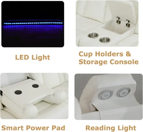 Miniatura 4 de Juegos de Muebles para Sala de Estar, Juego de Sofá Reclinable Eléctrico, Cuero Blanco Vainilla, Seccional de 2 Reclinables con Luz LED