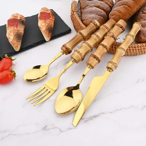Miniatura 4 de Juego de cubiertos de bambú para 6, 24 piezas de cubiertos de acero inoxidable con mango de bambú natural, juego de cubiertos dorados, espejo, apto