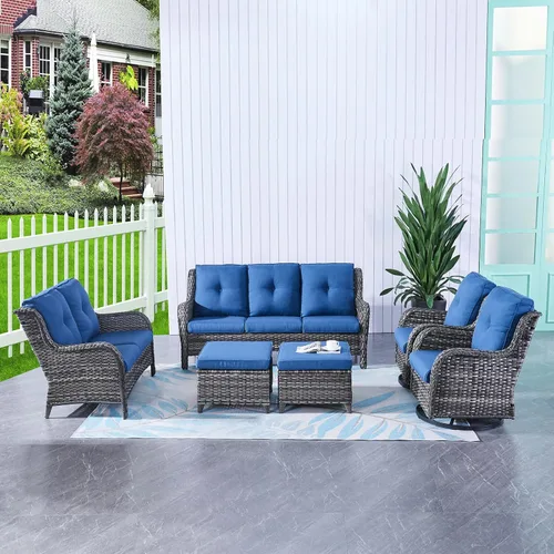 Miniatura 97 de HUMMUH Sillas Mecedoras Giratorias de Mimbre para Patio Exterior con Respaldo Alto, Sillas Deslizantes de Ratán PE, Juego de Muebles de Patio de 4