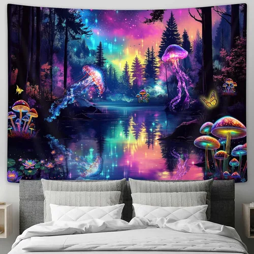 Miniatura 7 de MERCHR Tapiz de pared de flor de cerezo con sol rosa y rojo, olas del océano y escena de montaña, diseño de anime asiático para dormitorio, 60 x 40