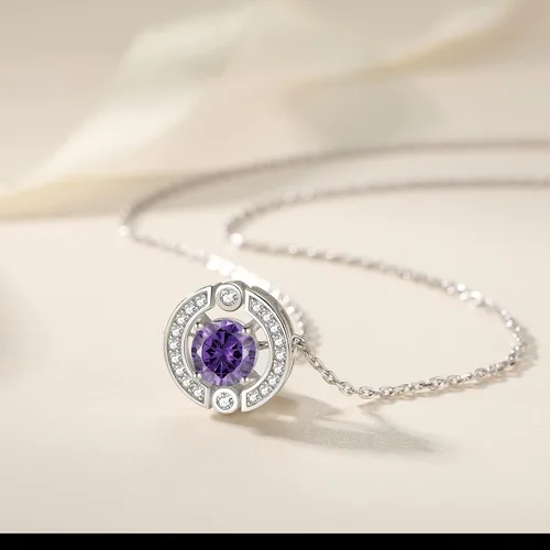 Miniatura 2 de Collar con halo de piedra natal para mujer, plata de ley, chapado en platino, piedras preciosas brillantes, corte redondo, colgante solitario