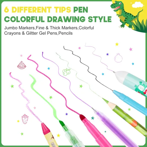 Miniatura 6 de Set de marcadores con aroma a frutas de 57 piezas con estuche de dinosaurio brillante y papelería, suministros de arte para niños de 4-6-8 años
