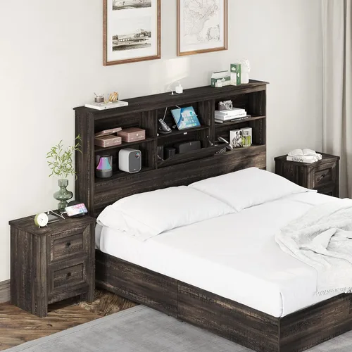 Miniatura 8 de AMERLIFE Juego de 2 mesitas de noche con estación de carga, mesita de noche rústica con cajones de almacenamiento, mesita de noche de madera