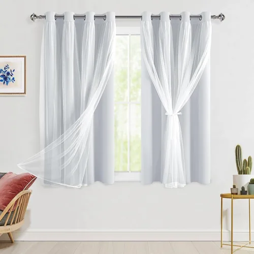 Miniatura 123 de Hiasan Cortinas opacas con superposición transparente, aislamiento térmico para mezclar y combinar de doble capa, cortinas de oscurecimiento de Beige