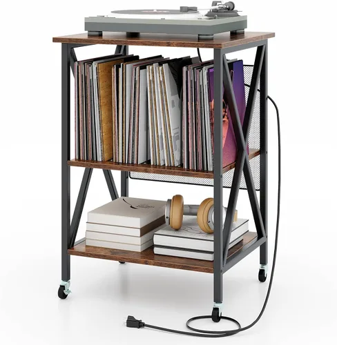 Miniatura 10 de Giantex Soporte para tocadiscos con estación de carga, soporte para tocadiscos con almacenamiento de discos y 4 ruedas rodantes, mesa