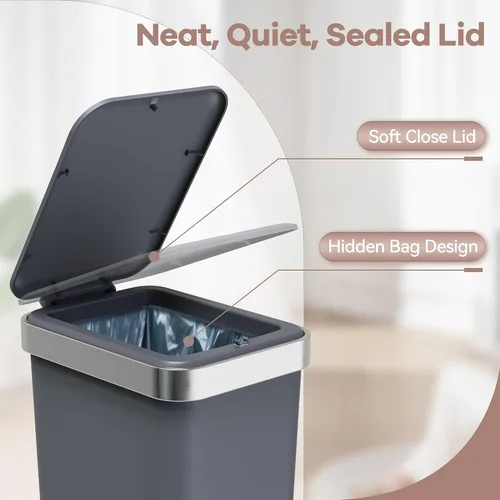 Miniatura 6 de Cubo de basura pequeño para baño con tapa de cierre suave, cubo de basura delgado de 10 litros/2.6 galones, escalón de metal y tapa superior