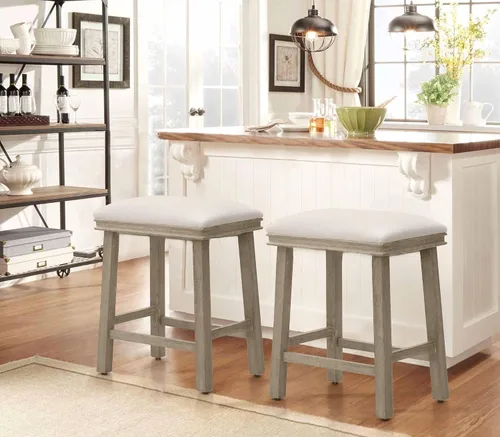 Miniatura 13 de Taburete de bar gris de madera maciza para encimera de cocina, taburete de bar con asiento de cuero sintético, taburete tapizado para isla de 34 a