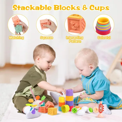 Miniatura 5 de Juguetes Montessori para bebés de 6 a 12 meses, 8 en 1, juguetes de baño sensoriales suaves para bebés, Montessori para niños de 1 año