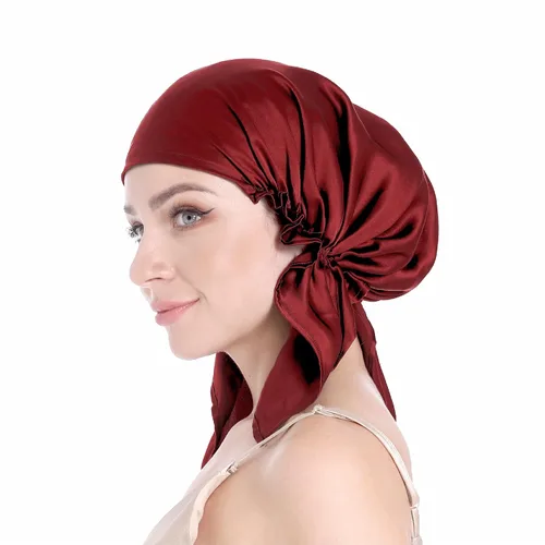 Miniatura 13 de SissiLita Gorro de seda 100% para dormir, gorro de seda grande con banda de amarre para el cuidado del cabello rizado (azul)