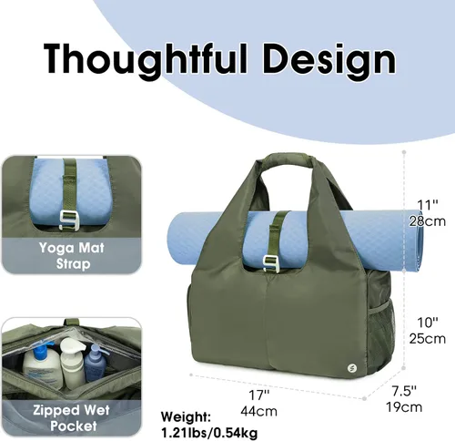 Miniatura 2 de Bolsa de gimnasio para mujer con compartimento para zapatos y bolsillo húmedo con soporte ajustable para esterilla de yoga, Verde militar, Moda