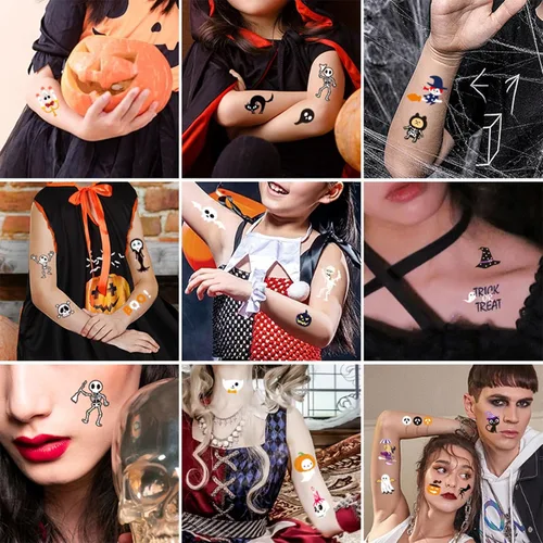 Miniatura 8 de Tatuajes temporales de Halloween para niños, paquete de 20 tatuajes de fiesta que brillan en la oscuridad, decoraciones de fiesta de cumpleaños