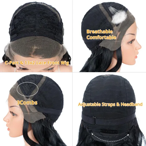 Miniatura 7 de Style Icon - Peluca de encaje frontal negra con parte libre, estilo U, de 24" de largo, ondulada con flequillo, sintética, resistente a altas 1