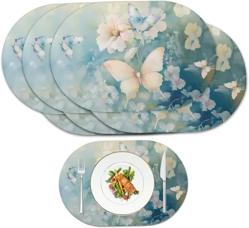 Miniatura 42 de Blue Flower Dining Table Mats Set of 2 Hummingbird Heat Resistant Placemats Washable and Wipeable Non Slip Place Mat, Waterproof Modern Dining Table