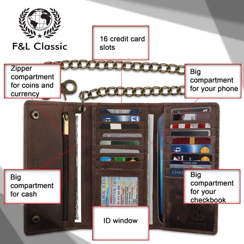 Miniatura 3 de FL CLASSIC Cartera de cadena de acero de cuero vacuno con bloqueo RFID para hombre Marrón antiguo Cartera RFID