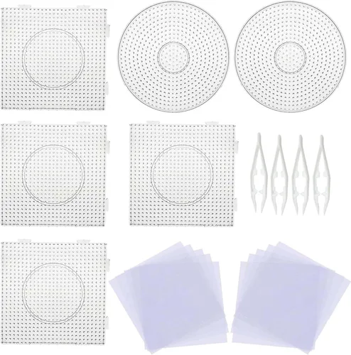 Paquete de 6 tableros de cuentas fusibles de 0.197 in, cuadrados, grandes, redondos, de plástico transparente, con 4 pinzas de cuentas blancas, 10