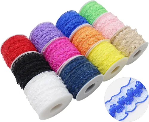 Miniatura 19 de Cinta de encaje elástica negra con volantes de 20 yardas para coser de 1 pulgada de organza de doble onda, ajuste de encaje, ropa y ropa