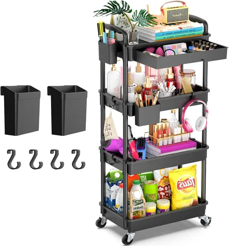 Miniatura 13 de Goovilla Organizador de carrito utilitario de 3 niveles con cajón extraíble, carritos de almacenamiento rodantes negros estables y resistentes con 2