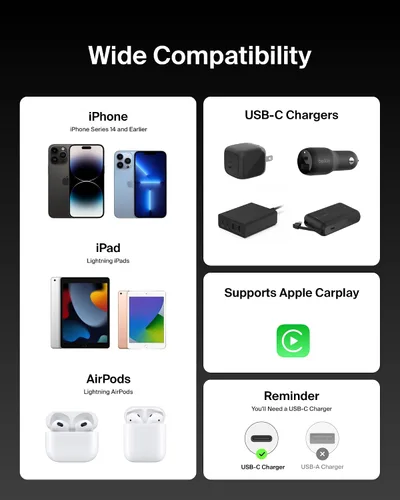 Miniatura 5 de Belkin Cable USB C con conector Lightning, 6.6 pies, cable de carga rápida suave, flexible, cable de carga Lightning para iPhone 14 y series Negro