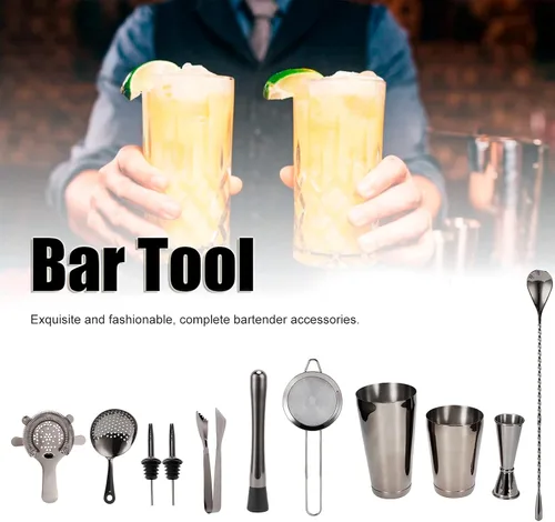 Miniatura 6 de Juego de coctelera de 11 piezas, kit de barman de acero inoxidable, kit de camarero para fiestas en casa y utensilios de bar (negro)