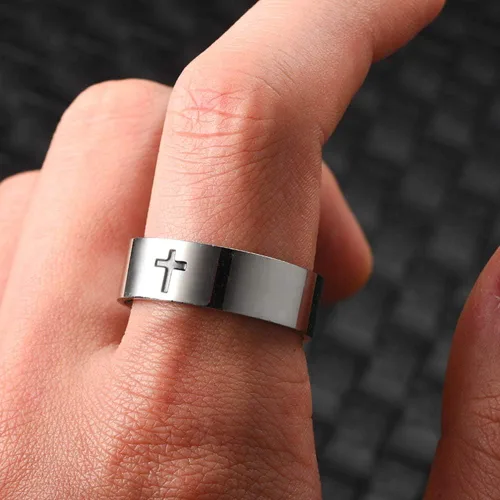 Miniatura 5 de Jude Jewelers Anillo de boda religioso de acero inoxidable de 0.315in con cruz cristiana simple, Metal, Zirconia cúbica