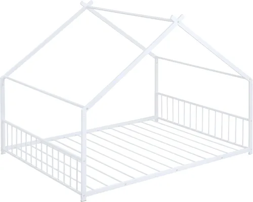 Miniatura 6 de Camas de casa para niños, marco de cama de suelo de tamaño matrimonial, camas Montessori de metal con cabecera y estribo para niños, niñas